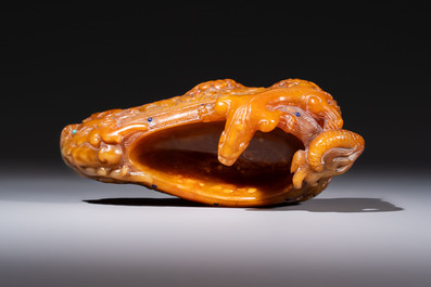 A Chinese precious-stone-inlaid carved soapstone wine vessel on stand, Gong 觥, Republic
