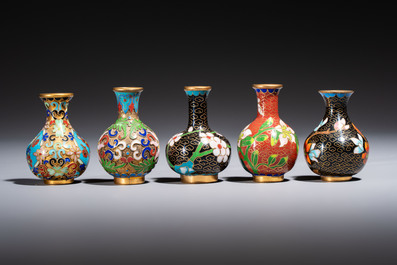 Ten Chinese cloisonn&eacute; miniature vases, a goose and a duck-from covered box, on wooden stands, 20th C.