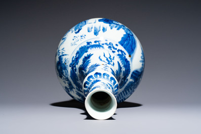 A rare Chinese blue and white bottle vase with narrative design, Transitional period