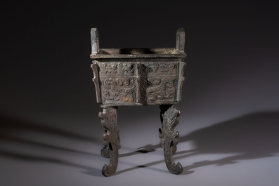 A Chinese archaistic bronze censer with Taotie design, Fang Ding 方鼎, Ming