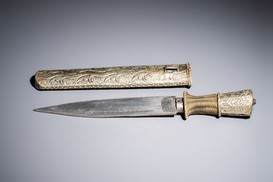 A Tibetan white metal 'Buddhist Symbols' dagger and scabbard, first half 20th C.