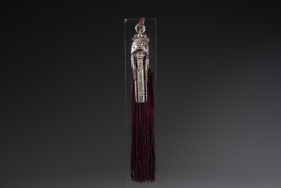 A fine Chinese silver pendant with inscriptions on a plexiglas stand, 19th C.