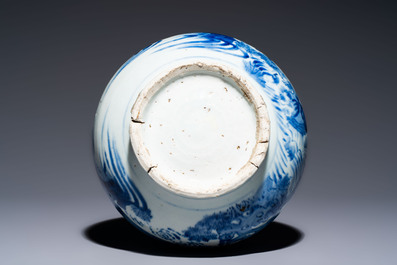 A rare Chinese blue and white bottle vase with narrative design, Transitional period