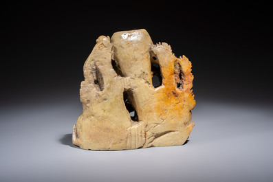 Five Chinese bronze 'Immortal' groups and a carved soapstone 'Monkeys' sculpture, 20th C.