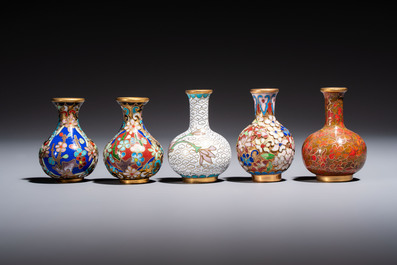Ten Chinese cloisonn&eacute; miniature vases, a goose and a duck-from covered box, on wooden stands, 20th C.