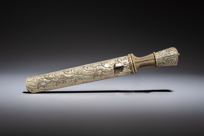A Tibetan white metal 'Buddhist Symbols' dagger and scabbard, first half 20th C.
