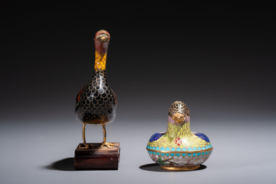 Ten Chinese cloisonn&eacute; miniature vases, a goose and a duck-from covered box, on wooden stands, 20th C.