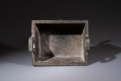 A Chinese archaistic bronze censer with Taotie design, Fang Ding 方鼎, Ming