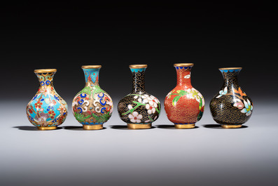 Ten Chinese cloisonn&eacute; miniature vases, a goose and a duck-from covered box, on wooden stands, 20th C.