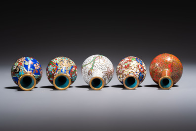Ten Chinese cloisonn&eacute; miniature vases, a goose and a duck-from covered box, on wooden stands, 20th C.