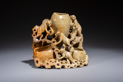 Five Chinese bronze 'Immortal' groups and a carved soapstone 'Monkeys' sculpture, 20th C.