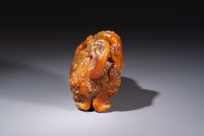 A Chinese precious-stone-inlaid carved soapstone wine vessel on stand, Gong 觥, Republic