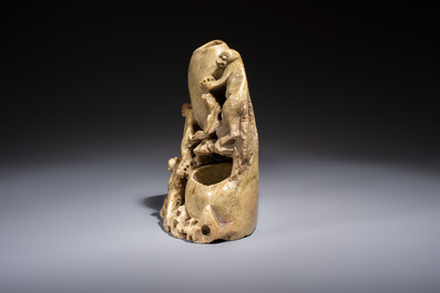 Five Chinese bronze 'Immortal' groups and a carved soapstone 'Monkeys' sculpture, 20th C.