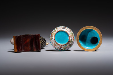 Ten Chinese cloisonn&eacute; miniature vases, a goose and a duck-from covered box, on wooden stands, 20th C.