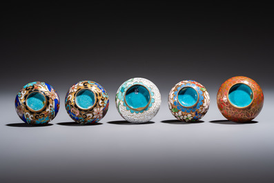 Ten Chinese cloisonn&eacute; miniature vases, a goose and a duck-from covered box, on wooden stands, 20th C.