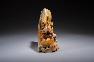 Five Chinese bronze 'Immortal' groups and a carved soapstone 'Monkeys' sculpture, 20th C.