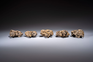 Five Chinese bronze 'Immortal' groups and a carved soapstone 'Monkeys' sculpture, 20th C.