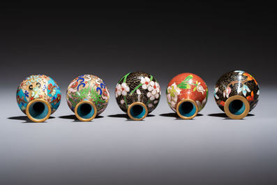 Ten Chinese cloisonn&eacute; miniature vases, a goose and a duck-from covered box, on wooden stands, 20th C.
