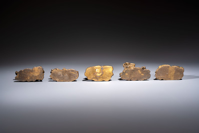 Five Chinese bronze 'Immortal' groups and a carved soapstone 'Monkeys' sculpture, 20th C.