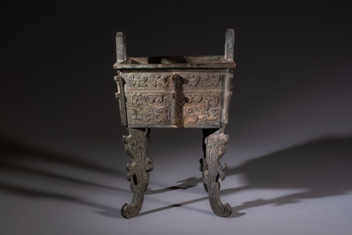 A Chinese archaistic bronze censer with Taotie design, Fang Ding 方鼎, Ming
