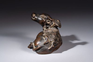 A Chinese bronze 'Boy and Buffalo' paperweight, Ming