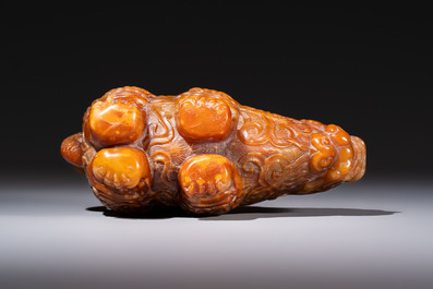 A Chinese precious-stone-inlaid carved soapstone wine vessel on stand, Gong 觥, Republic