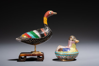 Ten Chinese cloisonn&eacute; miniature vases, a goose and a duck-from covered box, on wooden stands, 20th C.