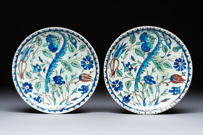 A polychrome Iznik pottery plate and two Kutahya plates, Turkey, 16/19th C.