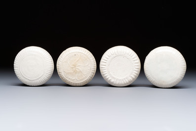 Four Chinese white-glazed boxes and covers with incised floral design from the Jepara shipwreck, Dehua or Anxi kiln, Song