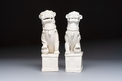 A pair of large Chinese Dehua blanc de Chine buddhist lion joss stick holders, 19th C.