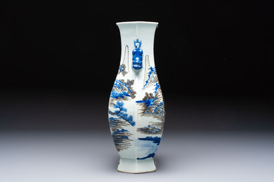 A Chinese blue, white and copper-red 'Hu' vase with figures in a mountainous landscape, 19th C.