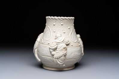 A Chinese Nanking white-glazed 'hu' vase with figural relief design, 19th C.