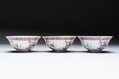 Four Chinese famille rose 'Phoenix and Peony' bowls for the Straits or Peranakan market, Qianlong mark, Republic