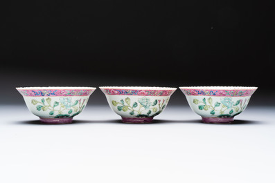 Four Chinese famille rose 'Phoenix and Peony' bowls for the Straits or Peranakan market, Qianlong mark, Republic