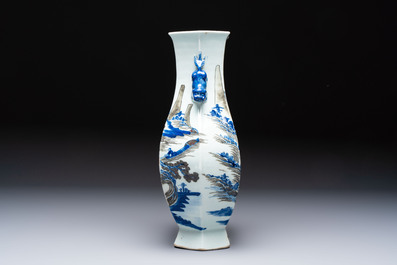 A Chinese blue, white and copper-red 'Hu' vase with figures in a mountainous landscape, 19th C.