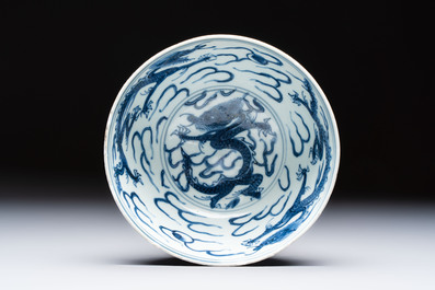 A Chinese blue and white 'Dragons and Clouds' bowl, Jiajing/Wanli