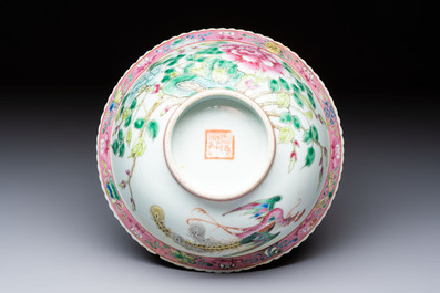 Four Chinese famille rose 'Phoenix and Peony' bowls for the Straits or Peranakan market, Qianlong mark, Republic