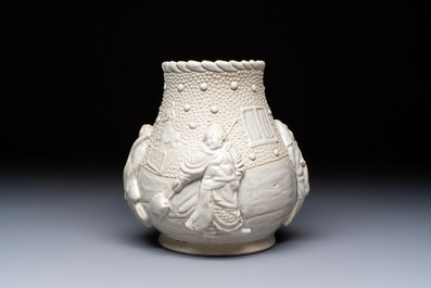 A Chinese Nanking white-glazed 'hu' vase with figural relief design, 19th C.