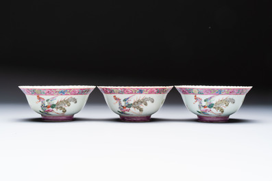 Four Chinese famille rose 'Phoenix and Peony' bowls for the Straits or Peranakan market, Qianlong mark, Republic