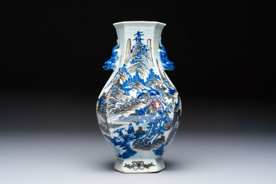 A Chinese blue, white and copper-red 'Hu' vase with figures in a mountainous landscape, 19th C.