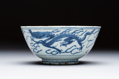 A Chinese blue and white 'Dragons and Clouds' bowl, Jiajing/Wanli