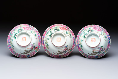 Four Chinese famille rose 'Phoenix and Peony' bowls for the Straits or Peranakan market, Qianlong mark, Republic