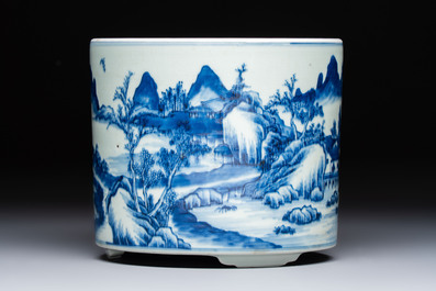 A Chinese blue and white 'Landscape' tripod censer, 20th C.