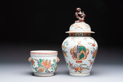 A famille verte-style armorial covered vase, a jar and a clog-shaped bowl, Samson, Paris, 19th C.