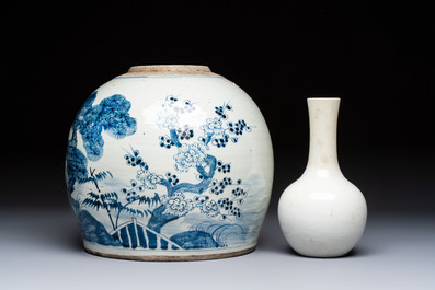 A Chinese turquoise-glazed Guanyin, a white-glazed bottle vase and a blue and white jar, 19th C.