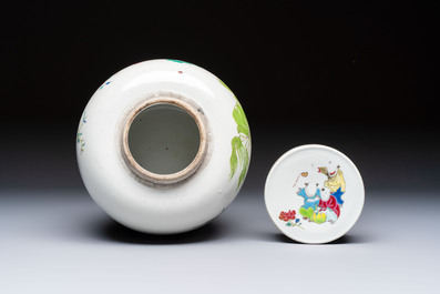 A Chinese famille rose 'Playing Boys' jar and cover, Kangxi mark, 19th C.