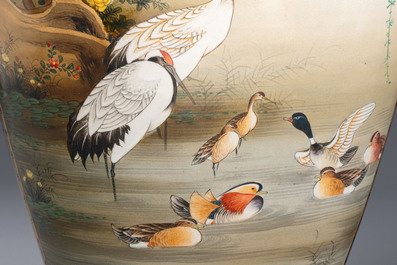 A fine pair of Japanese Satsuma 'Birds and Flowers' vases, Kinkozan 錦光山 mark, Meiji, 19th C.