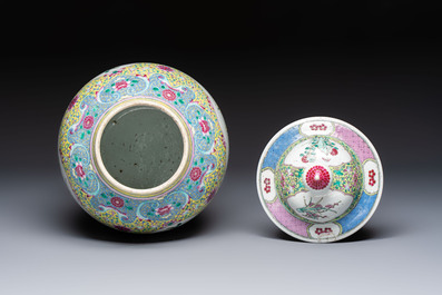 A Chinese famille rose vase and cover with birds among flowering branches, 19th C.