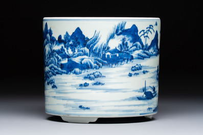 A Chinese blue and white 'Landscape' tripod censer, 20th C.