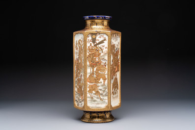 A fine Japanese Satsuma hexagonal vase with narrative design, Kinkozan 錦光山 mark, Meiji, 19th C.